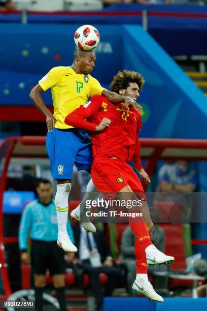 Fernandinho of Brazil and Marouane Fellaini of Belgium battle for the ball during the 2018 FIFA World Cup Russia Quarter Final match between Brazil...