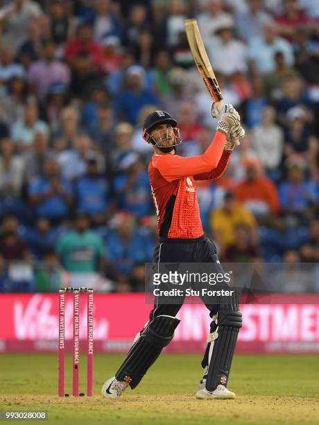 England batsman Alex Hales hits a six to reach his 50 during the 2nd Vitality T20 International between England and India at Sophia Gardens on July...