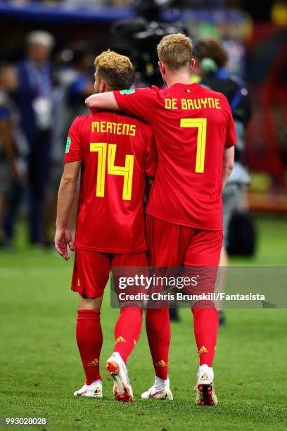 Kevin De Bruyne of Belgium celebrates with teammate Dries Mertens after the 2018 FIFA World Cup Russia Quarter Final match between Brazil and Belgium...
