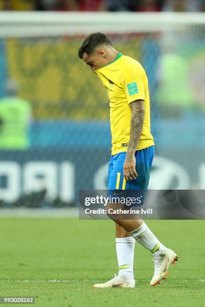 Philippe Coutinho of Brazil looks dejected following his sides defeat in the 2018 FIFA World Cup Russia Quarter Final match between Brazil and...