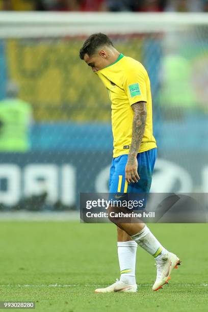 Philippe Coutinho of Brazil looks dejected following the 2018 FIFA World Cup Russia Quarter Final match between Brazil and Belgium at Kazan Arena on...