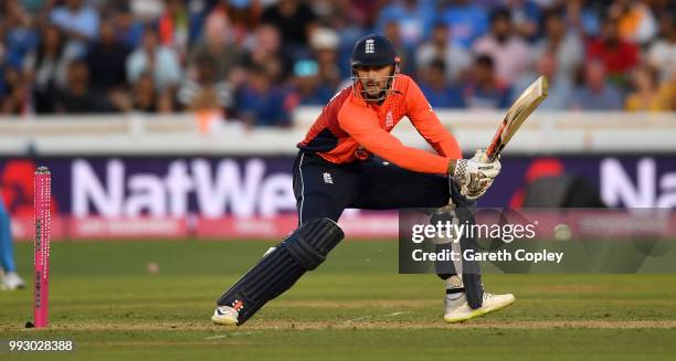 Alex Hales of England bats during the 2nd Vitality International T20 match between England and India at SWALEC Stadium on July 6, 2018 in Cardiff,...