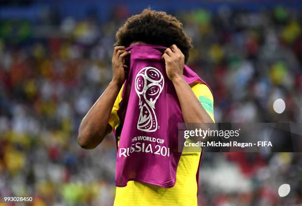 Willian of Brazil looks dejected following the 2018 FIFA World Cup Russia Quarter Final match between Brazil and Belgium at Kazan Arena on July 6,...