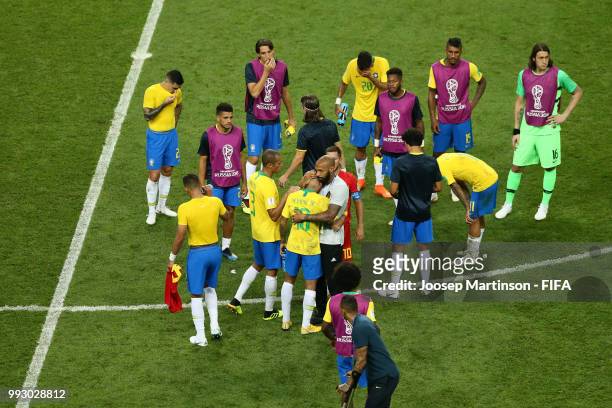 Assistant Coach of Belgium Thierry Henry consoles Neymar Jr of Brazil during the 2018 FIFA World Cup Russia Quarter Final match between Brazil and...