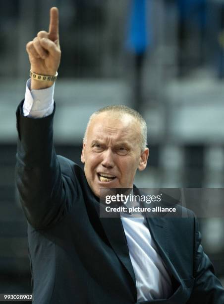 Vilnius' coach Rimas Kurtinaitis gestures at the sidelines during the Eurocup basketball match between ALBA Berlin and Lietuvos Rytas Vilnius in...