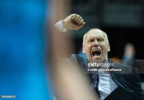 Vilnius' coach Rimas Kurtinaitis gestures at the sidelines during the Eurocup basketball match between ALBA Berlin and Lietuvos Rytas Vilnius in...
