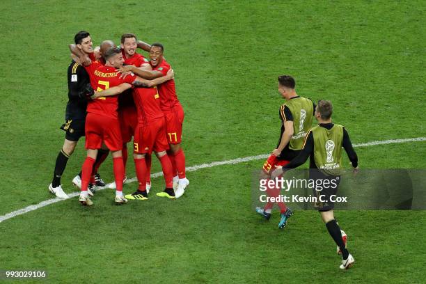 Belgium players celebrate their victory following the 2018 FIFA World Cup Russia Quarter Final match between Brazil and Belgium at Kazan Arena on...
