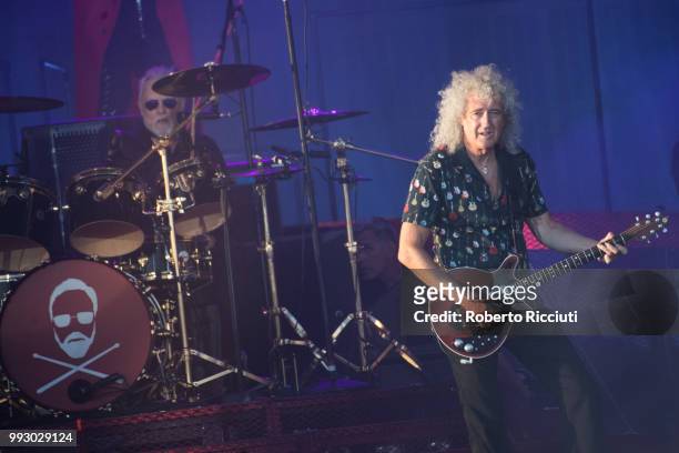 Musician Roger Taylor and Brian May of Queen perform on stage during TRNSMT Festival Day 4 at Glasgow Green on July 6, 2018 in Glasgow, Scotland.