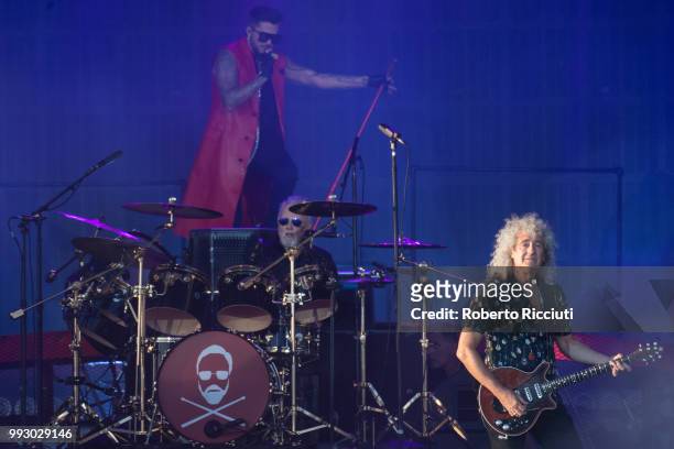 Adam Lambert and musicians Roger Taylor and Brian May of Queen perform on stage during TRNSMT Festival Day 4 at Glasgow Green on July 6, 2018 in...
