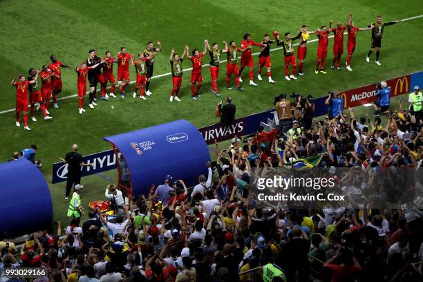 Belgium players celebrate with their fans following their sides victory in the 2018 FIFA World Cup Russia Quarter Final match between Brazil and...