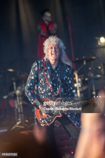 Brian May of Queen performs on stage during TRNSMT Festival Day 4 at Glasgow Green on July 6, 2018 in Glasgow, Scotland.