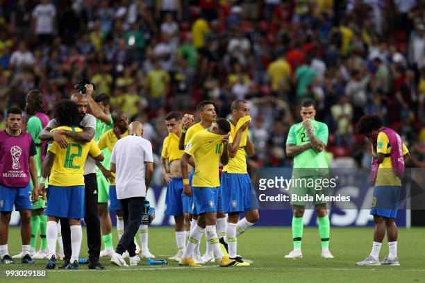 Brazil players look dejected following the 2018 FIFA World Cup Russia Quarter Final match between Brazil and Belgium at Kazan Arena on July 6, 2018...