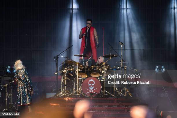 Musicians Roger Taylor and Brian May of Queen and Adam Lambert perform on stage during TRNSMT Festival Day 4 at Glasgow Green on July 6, 2018 in...