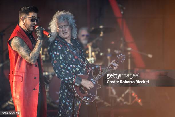 Adam Lambert and musician Brian May of Queen perform on stage during TRNSMT Festival Day 4 at Glasgow Green on July 6, 2018 in Glasgow, Scotland.