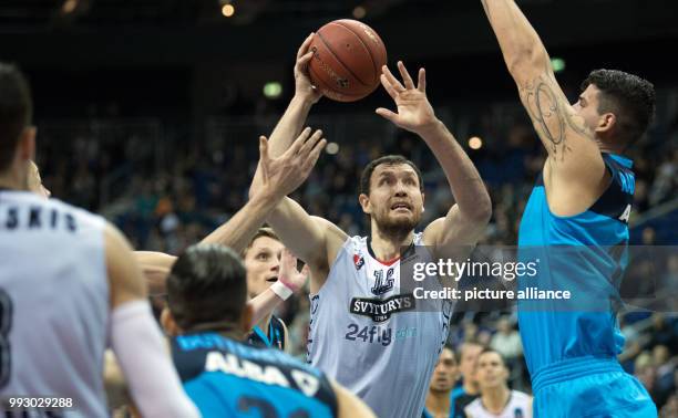 Loukas Mavrokefalidis of Vilnius in action against Alba's defence during the Eurocup basketball match between ALBA Berlin and Lietuvos Rytas Vilnius...