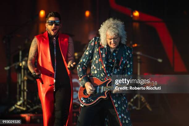 Adam Lambert and musician Brian May of Queen perform on stage during TRNSMT Festival Day 4 at Glasgow Green on July 6, 2018 in Glasgow, Scotland.