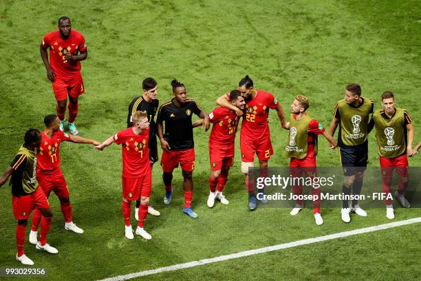 Belgium players celebrate following their sides victory in the 2018 FIFA World Cup Russia Quarter Final match between Brazil and Belgium at Kazan...