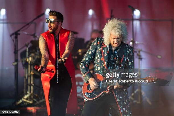 Adam Lambert and musician Brian May of Queen perform on stage during TRNSMT Festival Day 4 at Glasgow Green on July 6, 2018 in Glasgow, Scotland.