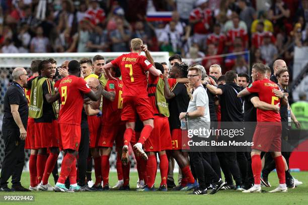 Belgium players celebrate following their sides victory in the 2018 FIFA World Cup Russia Quarter Final match between Brazil and Belgium at Kazan...