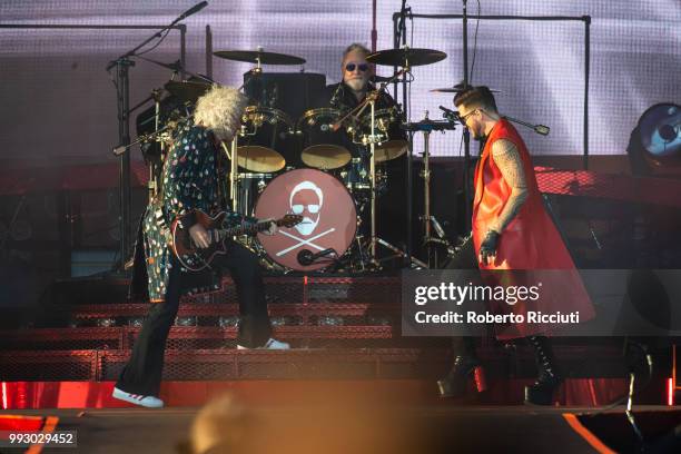 Musicians Brian May and Roger Taylor of Queen and Adam Lambert perform on stage during TRNSMT Festival Day 4 at Glasgow Green on July 6, 2018 in...