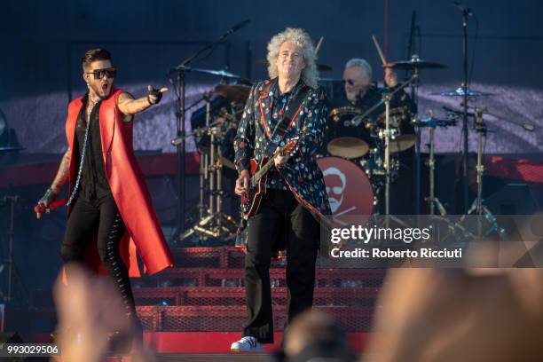 Adam Lambert and musicians Brian May and Roger Taylor of Queen perform on stage during TRNSMT Festival Day 4 at Glasgow Green on July 6, 2018 in...