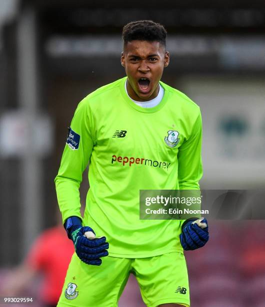 Cork , Ireland - 6 July 2018; Gavin Bazunu of Shamrock Rovers celebrates after saving a penalty from Kieran Sadlier of Cork City during the SSE...