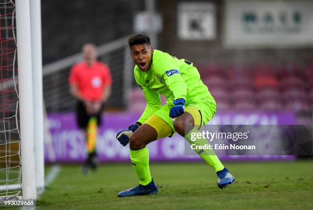 Cork , Ireland - 6 July 2018; Gavin Bazunu of Shamrock Rovers celebrates after saving a penalty from Kieran Sadlier of Cork City during the SSE...