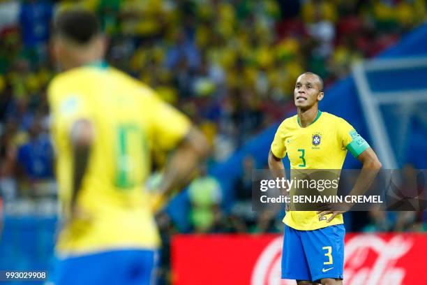 Brazil's defender Miranda looks on during the Russia 2018 World Cup quarter-final football match between Brazil and Belgium at the Kazan Arena in...