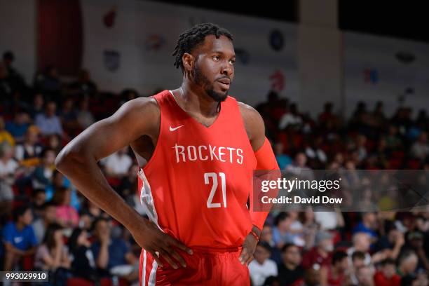 Chinanu Onuaku of the Houston Rockets looks on during the game against the Indiana Pacers during the 2018 Las Vegas Summer League on July 6, 2018 at...