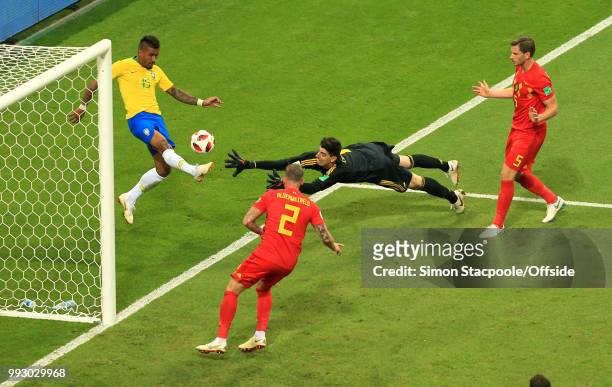Paulinho of Brazil is denied by Belgium goalkeeper Thibaut Courtois during the 2018 FIFA World Cup Russia Quarter Final match between Brazil and...