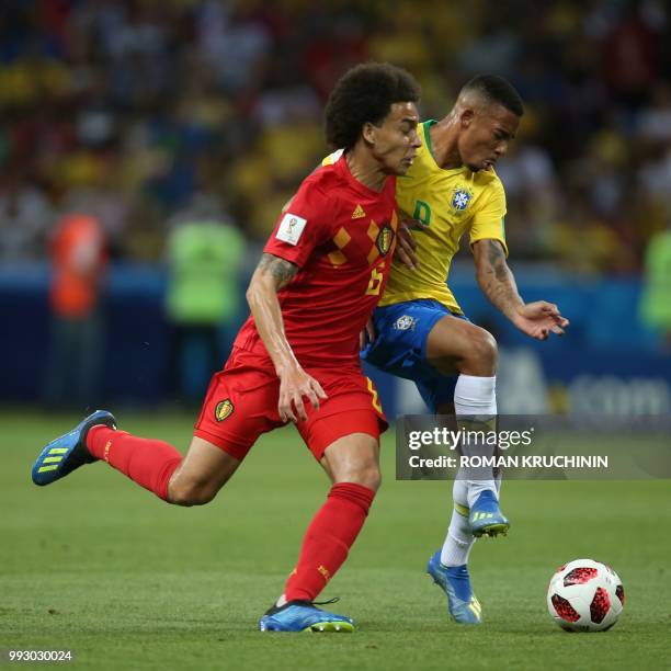 Belgium's midfielder Axel Witsel vies with Brazil's forward Gabriel Jesus during the Russia 2018 World Cup quarter-final football match between...