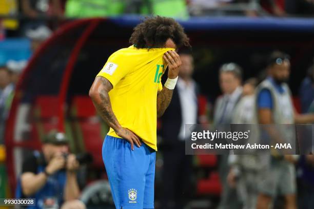 Marcelo of Brazil looks dejected at the end of the 2018 FIFA World Cup Russia Quarter Final match between Brazil and Belgium at Kazan Arena on July...