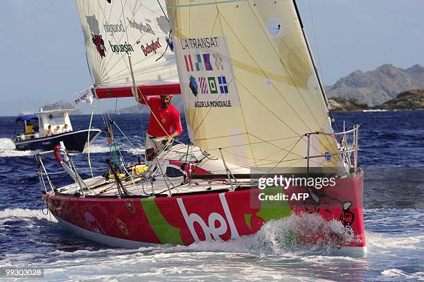 French skippers Sébastien Audigane and Kito de Pavant sail on their "Groupe Bel" monohull upon their arrival at the end of the transat AG2R La...