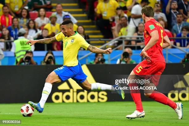 Belgium's defender Jan Vertonghen vies for the ball with Brazil's forward Gabriel Jesus during the Russia 2018 World Cup quarter-final football match...