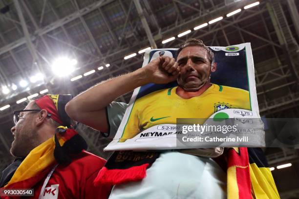Belgium fan has a joke at Neymar Jr of Brazil's expense after the 2018 FIFA World Cup Russia Quarter Final match between Brazil and Belgium at Kazan...