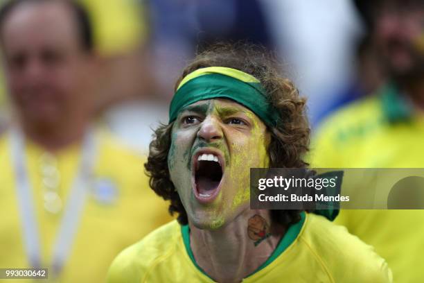 Brazil fan reacts following his sides defeat in the 2018 FIFA World Cup Russia Quarter Final match between Brazil and Belgium at Kazan Arena on July...