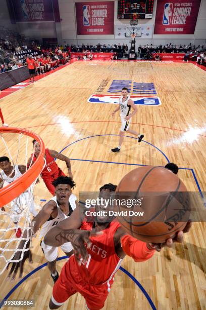 Chinanu Onuaku of the Houston Rockets goes to the basket against the Indiana Pacers during the 2018 Las Vegas Summer League on July 6, 2018 at the...