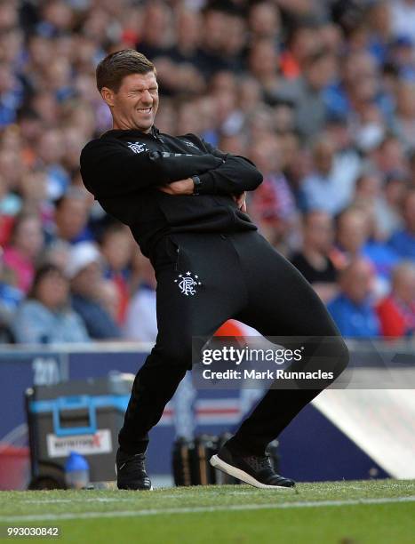 Rangers manager Steven Gerrard reacts on the side line as he watches his team comfortably beat Bury 6-0 during the Pre-Season Friendly between...