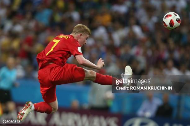 Belgium's midfielder Kevin De Bruyne controls the ball during the Russia 2018 World Cup quarter-final football match between Brazil and Belgium at...