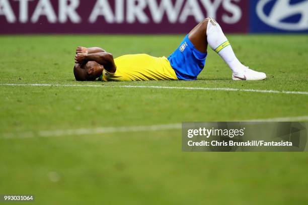 Fernandinho of Brazil looks dejected after the 2018 FIFA World Cup Russia Quarter Final match between Brazil and Belgium at Kazan Arena on July 6,...