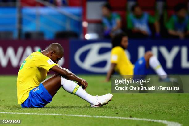 Fernandinho of Brazil looks dejected after the 2018 FIFA World Cup Russia Quarter Final match between Brazil and Belgium at Kazan Arena on July 6,...