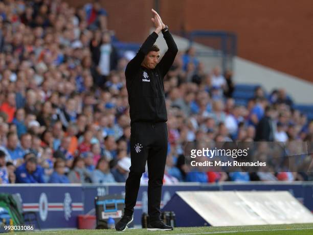 Rangers manager Steven Gerrard reacts on the side line as he watches his team comfortably beat Bury 6-0 during the Pre-Season Friendly between...