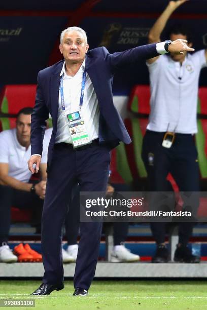 Head Coach of Brazil Tite gestures during the 2018 FIFA World Cup Russia Quarter Final match between Brazil and Belgium at Kazan Arena on July 6,...