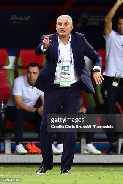 Head Coach of Brazil Tite gestures during the 2018 FIFA World Cup Russia Quarter Final match between Brazil and Belgium at Kazan Arena on July 6,...