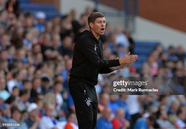 Rangers manager Steven Gerrard reacts on the side line as he watches his team comfortably beat Bury 6-0 during the Pre-Season Friendly between...