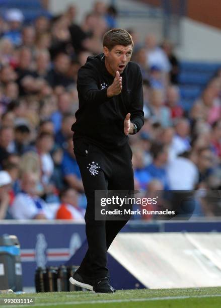 Rangers manager Steven Gerrard reacts on the side line as he watches his team comfortably beat Bury 6-0 during the Pre-Season Friendly between...