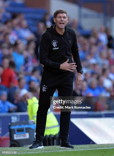 Rangers manager Steven Gerrard reacts on the side line as he watches his team comfortably beat Bury 6-0 during the Pre-Season Friendly between...