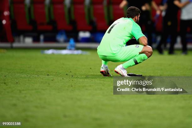 Alisson of Brazil looks dejected after the 2018 FIFA World Cup Russia Quarter Final match between Brazil and Belgium at Kazan Arena on July 6, 2018...