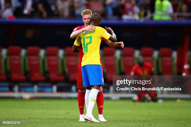 Kevin De Bruyne of Belgium hugs Fernandinho of Brazil after the 2018 FIFA World Cup Russia Quarter Final match between Brazil and Belgium at Kazan...