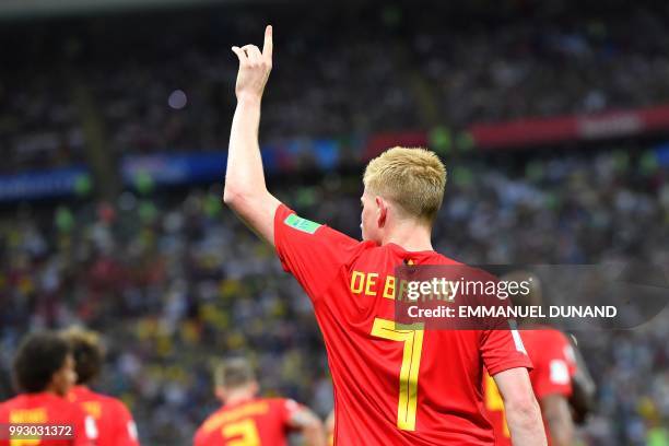 Belgium's midfielder Kevin De Bruyne celebrates after scoring his team's second goal during the Russia 2018 World Cup quarter-final football match...